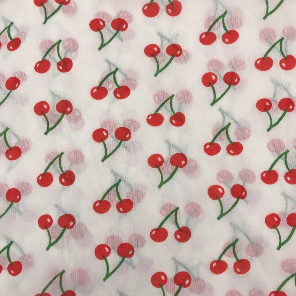 Vintage Sheer Cherries Nylon Fabric, White with Fun Fruit Motif, Stretchy